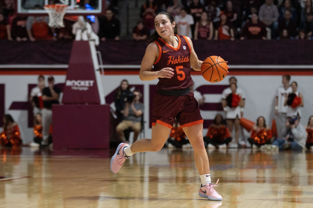Blacksburg, VA, USA. 7th Jan, 2024. Virginia Tech Hokies guard Georgia Amoore (5) runs the Virginia Tech Hokies offense during the NCAA women's basketball game between the NC State Wolfpack and the Virginia Tech Hokies at Cassell Coliseum in Blacksburg, VA. Jonathan Huff/CSM/Alamy Live News - Image ID: 2WB0006