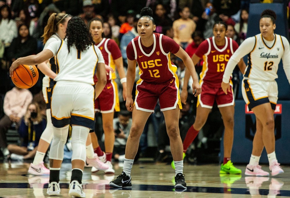 Haas Pavilion Berkeley Calif, USA. 04th Feb, 2024. CA U.S.A. USC guard JuJu Watkins (12)on defense during the NCAA Women's Basketball game between USC Trojans and the California Golden Bears. USC beat California 79-69 at Haas Pavilion Berkeley Calif. Thurman James/CSM/Alamy Live News - Image ID: 2WGFYP7