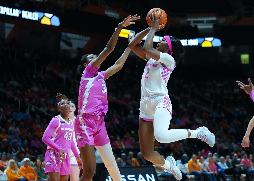 February 12, 2024: Rickea Jackson #2 of the Tennessee Lady Vols shoots the ball over Maryam Dauda #30 of the Arkansas Razorbacks during the NCAA basketball game between the University of Tennessee Lady Volunteers and the University of Arkansas Razorbacks at Thompson Boling Arena in Knoxville TN Tim Gangloff/CSM - Image ID: 2WJ4NKJ