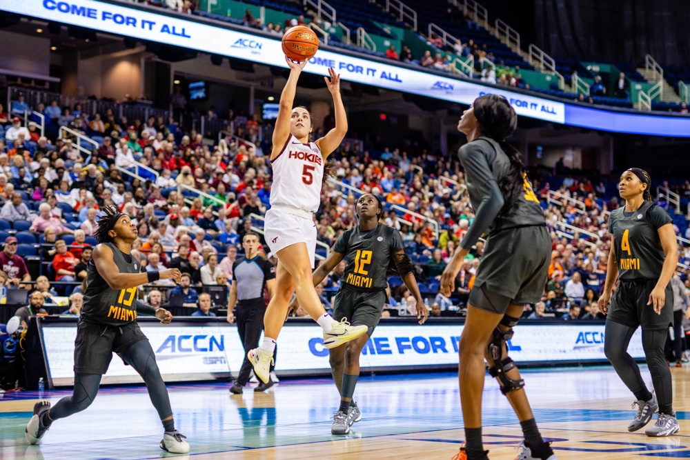 Greensboro, NC, USA. 8th Mar, 2024. Virginia Tech Hokies guard Georgia Amoore (5) shoots against the Miami Hurricanes during the quarterfinals of the Women's ACC Tournament at Greensboro Coliseum in Greensboro, NC. (Scott Kinser/Cal Sport Media). Credit: csm/Alamy Live News - Image ID: 2WPP50F