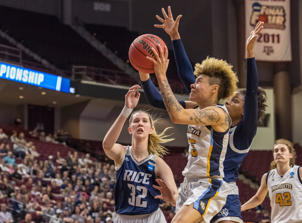 March 22, 2019: Marquette Golden Eagles guard Natisha Hiedeman (5) drives in for the layup during the second half in the first round of the 2019 NCAA Tournament at Reed Arena in College Station, TX, USA The score Marquette wins Rice 58-54 © Maria Lysaker/CSM - Image ID: T0YHX0
