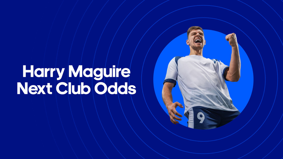 man in football kit celebrating with harry maguire next club odds text next to him