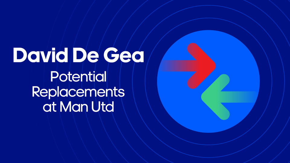 A green arrow pointing left below a red arrow pointing right with text David De Gea Potential Replacements at Man Utd