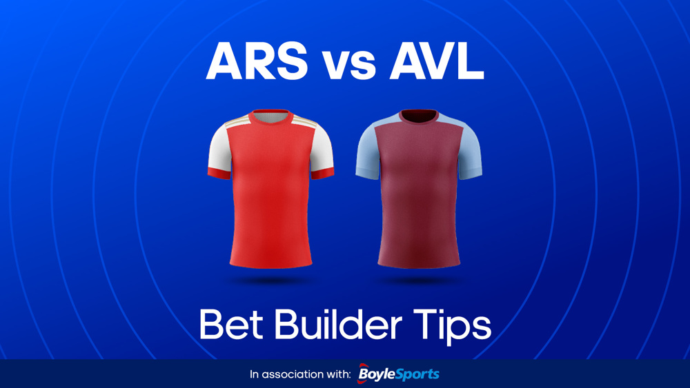 image of red and white arsenal shirt and claret and blue shirt between text ARS vs AVL Bet Builder Tips