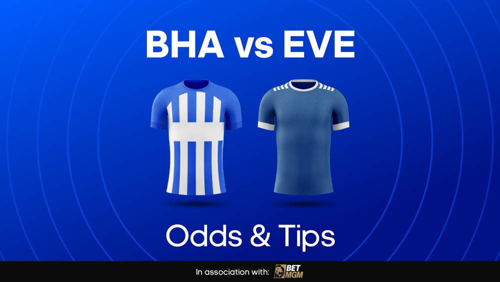 image of blue & white football shirt and blue football shirt next to text BHA vs EVE Odds & Tips
