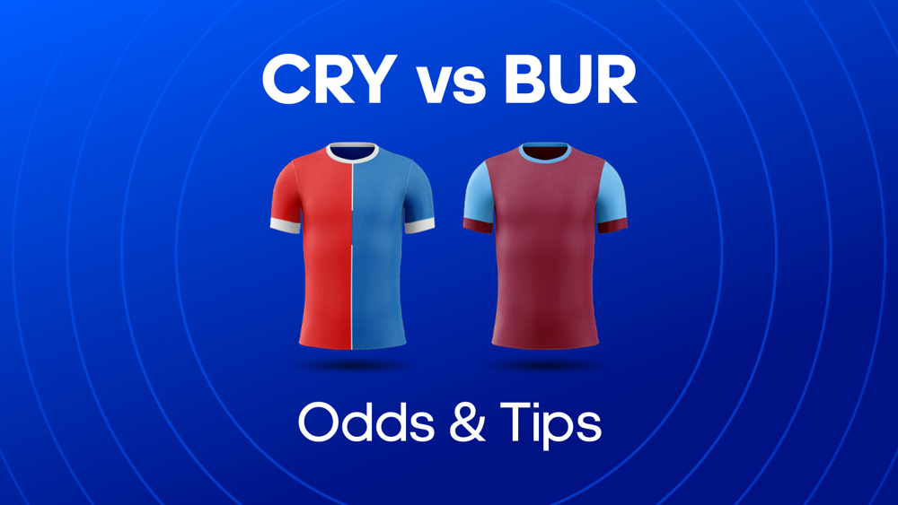 image of blue and red football shirt and blue and claret football shirt next to text CRY vs BUR Odds & Tips