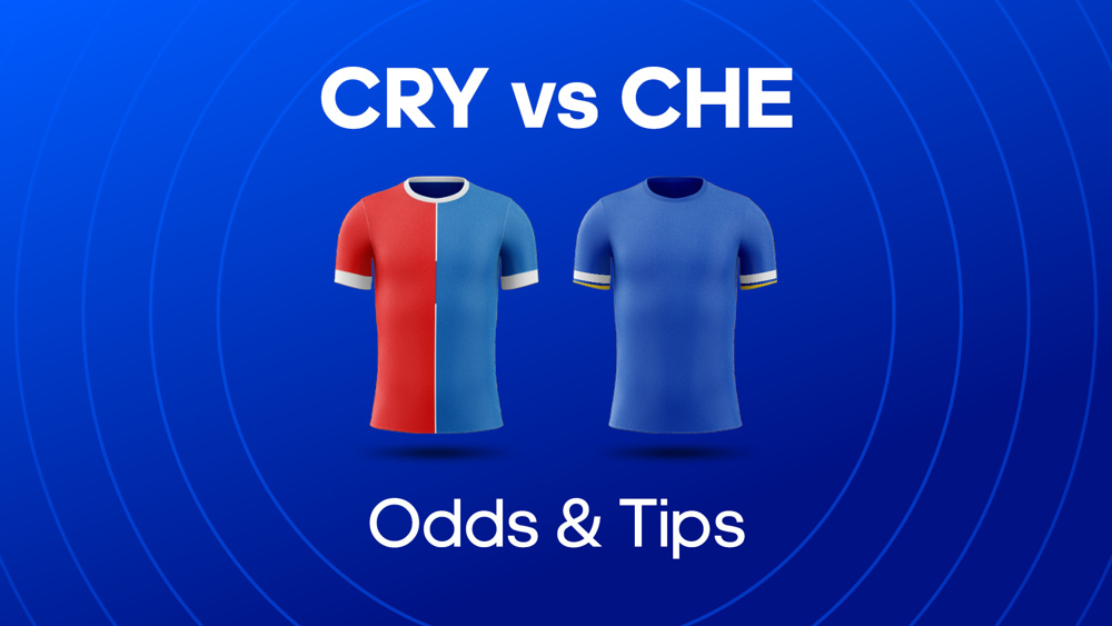 Image of red & blue football shirt and blue football shirt with text saying CRY vs CHE Odds & Tips
