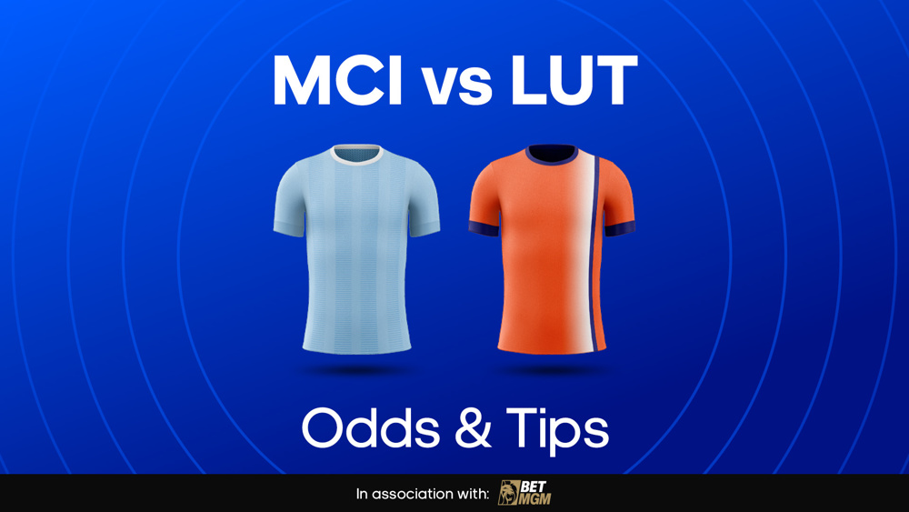image of blue man city shirt and red & white Luton shirt between text MCI vs LUT Odds & Tips