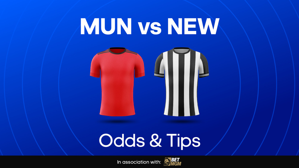 Image of Man Utd and Newcastle shirts with text saying 'MNU vs NEW Odds & Tips