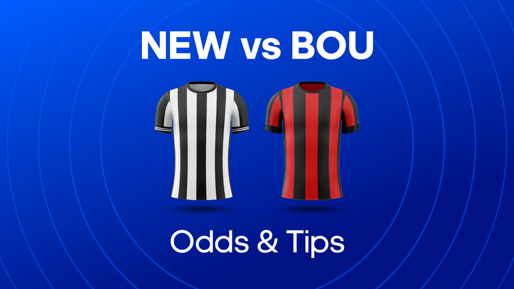 image of black & white football shirt and black & red football shirt between text NEW vs BOU Odds & Tips