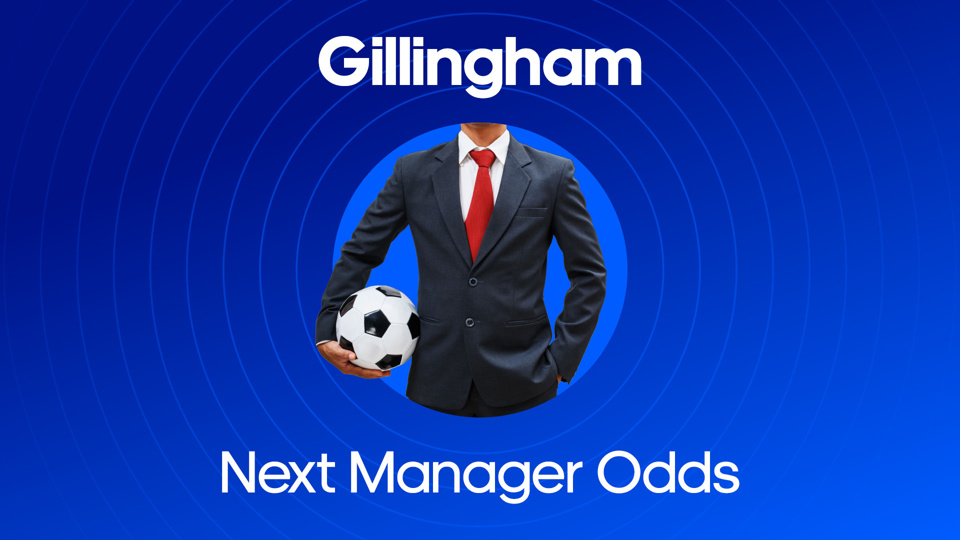 image of man in suit holding football in between text that reads: Gillingham Next Manager Odds