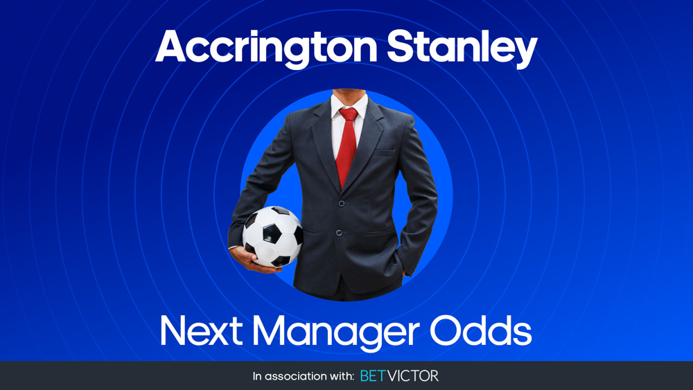 image of man in suit and tie holding football between text Accrington Stanley next manager odds