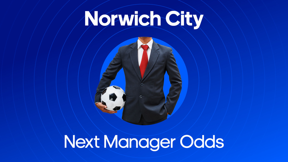 image of man in suit and tie holding football between text Norwich City Next Manager Odds