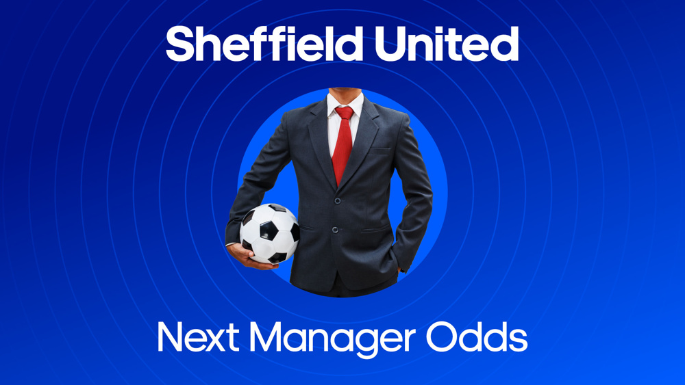image of man in suit and tie holding football next to Sheffield United Next Manager Odds text